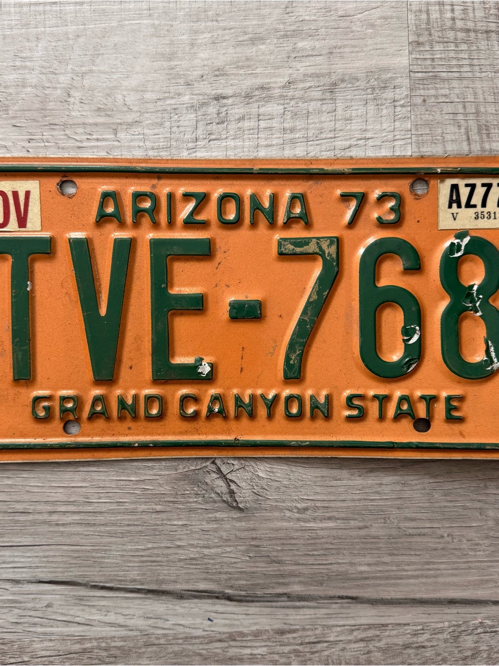 Vintage 1973 Arizona Grand Canyon State License Plate TVE 768 Gold and Green